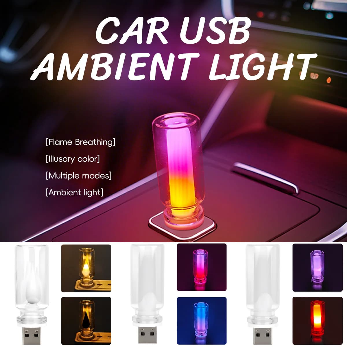 1/2 Pezzi Luce d'atmosfera USB per Interni Auto a Bottiglia di Vetro, Plug and Play, RGB Ambra Colorata, Lampada da Lettura Trasparente, Luce Notturna