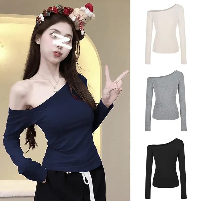Slim Fit Long Sleeve Shoulder Bared T Shirt Women's Early Autumn Versatile Base Layer Shirt Student Top Pure Desire Hot Girl