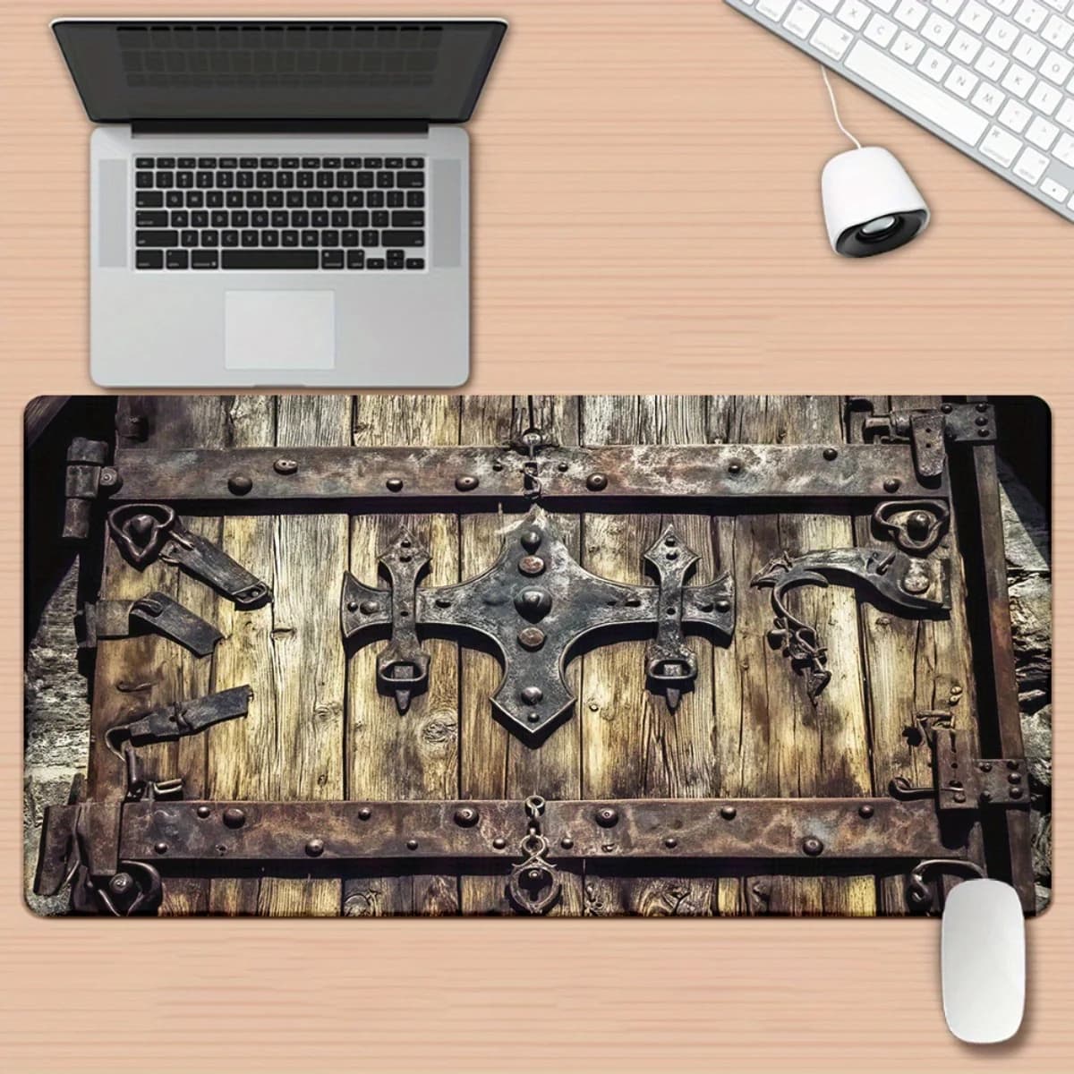 Tappetino per mouse in legno rustico effetto antico con ferramenta in ferro vintage, tappetino da scrivania da gaming antiscivolo in gomma