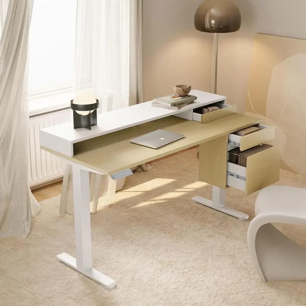 Scrivania Elettrica Regolabile in Altezza 47 con Cassetto Portaoggetti, Finitura Noce Chiaro, Ergonomica per Supporti Monitor