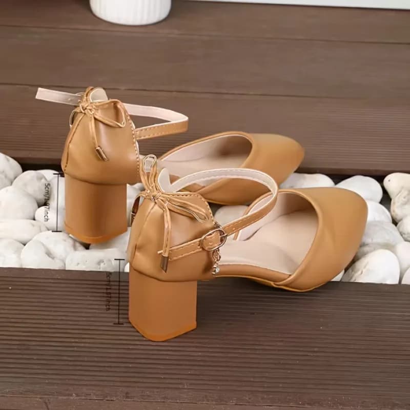 Fashionable French elegant high heels with big heel with straps with buckle and elegant sandals with medium heel dug with bow for woman