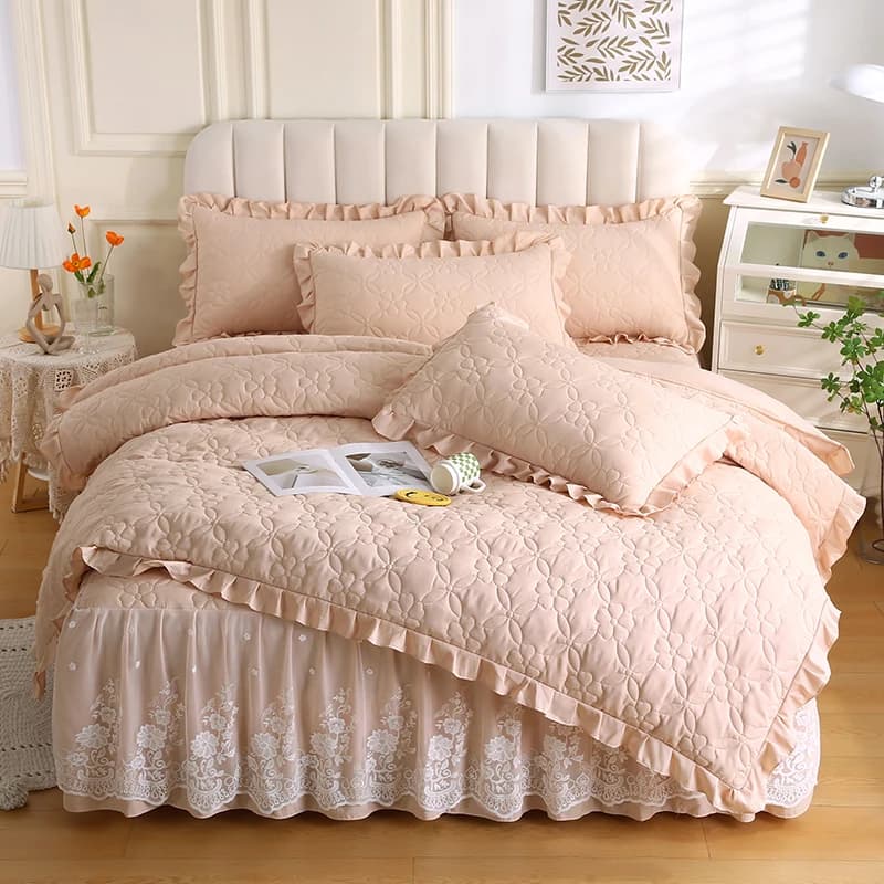 Lenzuola piatte invernali Set biancheria da letto in velluto al latte Trapunte con volant blu Copripiumino Stile semplice stampato