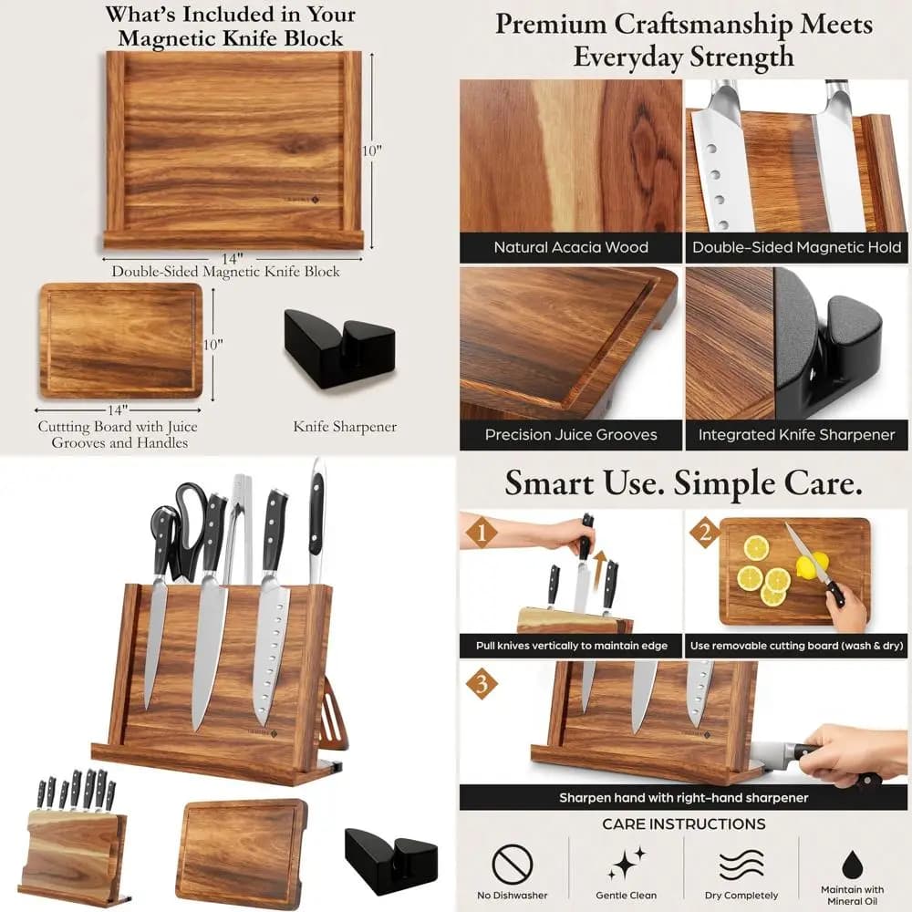 Magnetic knife block in double-sided wood with acacia cutter 14x10 and sharpener