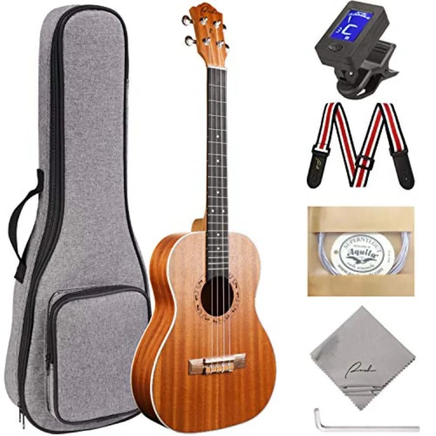 Baritone Ukulele 30 inch for beginners: mahogany body, natural wood finish, includes gig bag, tuner, strap, and adjustable tool