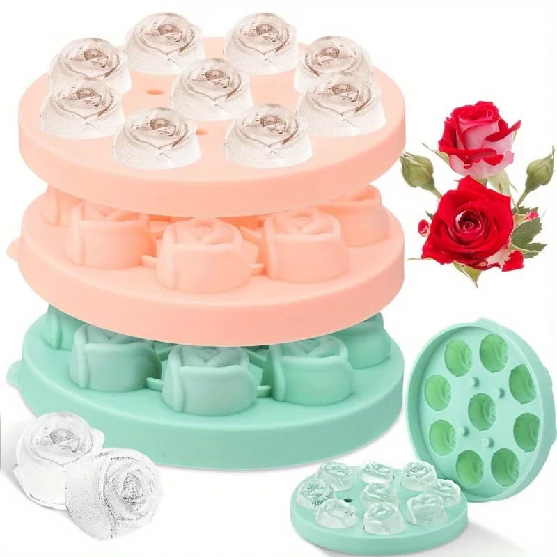 Vassoi per cubetti di ghiaccio in silicone da 2 pezzi - Stampi per fiori di rosa 3D per cocktail, cioccolato e congelatore