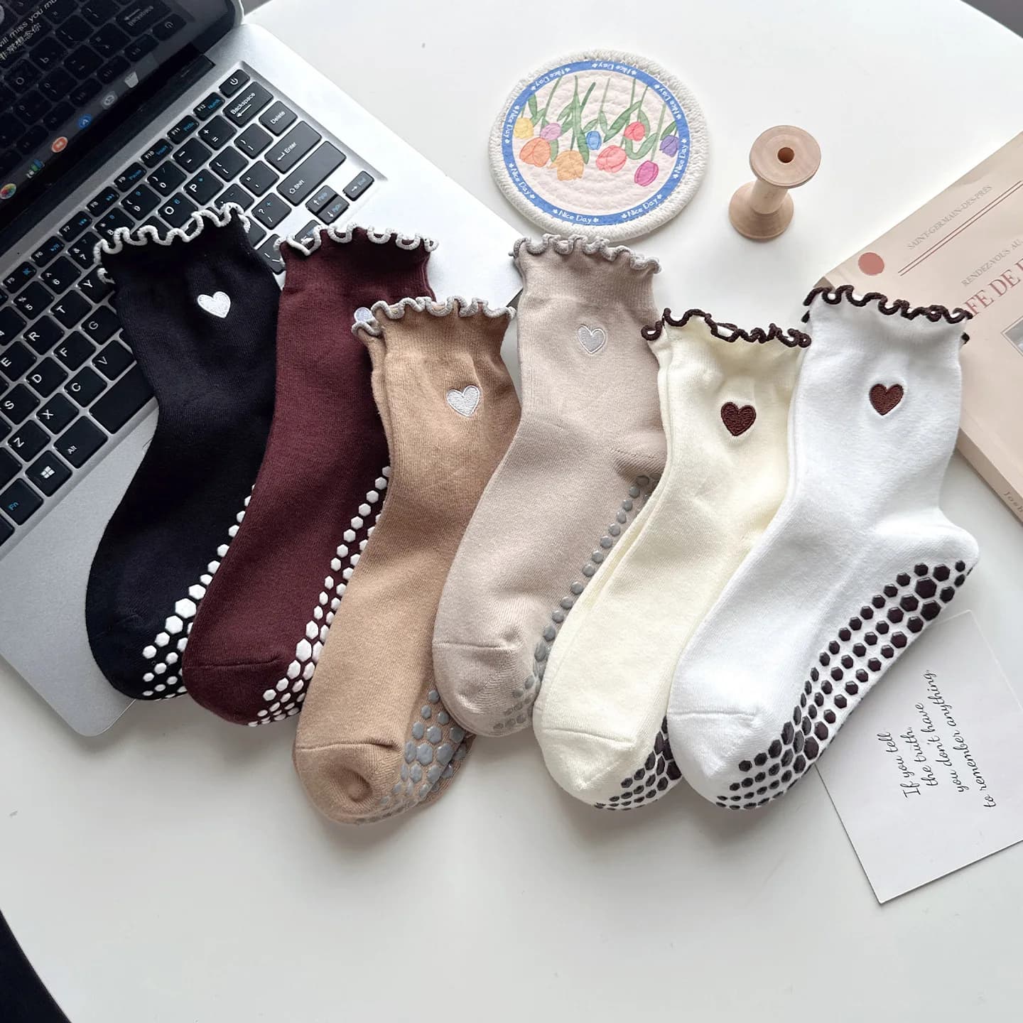 Yoga Socks Women Cotton Heart Embroidered Lettuce-Edge Dot Silicone Non-slip Grip Pilates Crew Socks