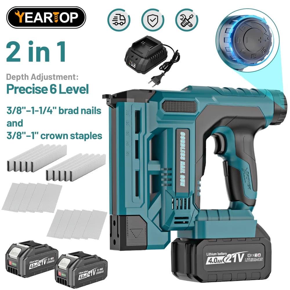 YEARTOP Chiodatrice Elettrica con 6 Livelli di Regolazione Profondità F10~32 K10~K25, Graffatrice Senza Fili per Carpenteria, Utensile Elettrico Compatibile con Batteria Makita 18V