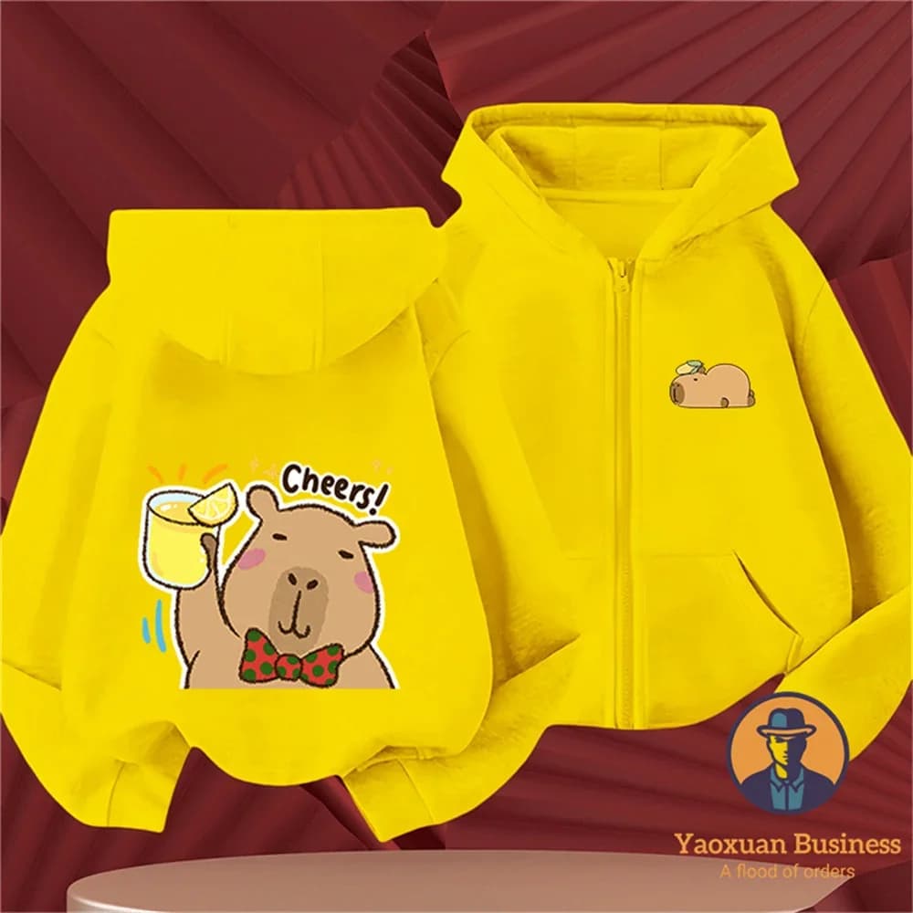 Felpa con Cappuccio e Zip 2D con Cartone Animato di Capibara, in Puro Cotone, Calda e Casual per Ragazzi e Ragazze, Autunno Inverno
