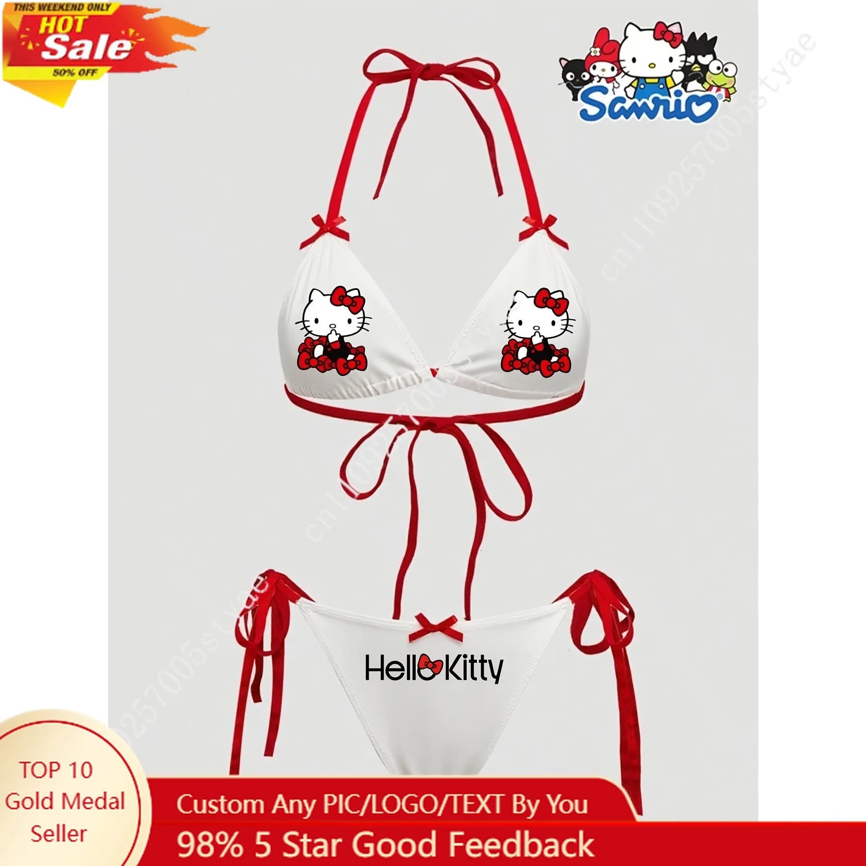 Set di costumi da bagno Sanrio Hello Kitty da donna, sexy, con fiocco rosso, stampa di lettere e cartoni animati, bralette senza fili, top e slip da bagno