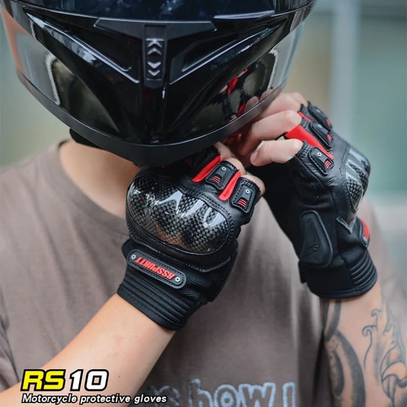 RS Summer Half Finger Motorcycle Gloves Sheepskin Leather Carbon Fiber Protective Shell Motorcycle Motorbike Motocross Gloves