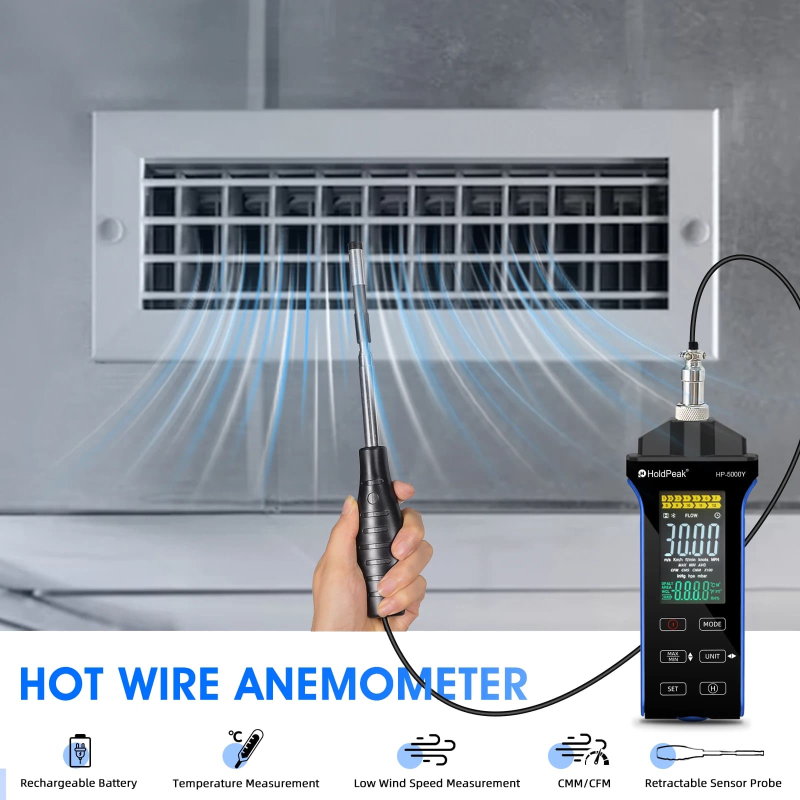 Anemometer Hot Wire Wind Speed Meter with Telescopic Probe,Air Volume CFM/CMM/CMS,Temperature,Max/Min, Data Hold,echargeable