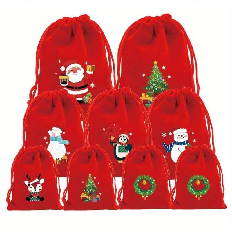 5 sacchetti natalizi con coulisse in velluto rosso, piccoli sacchetti da regalo riutilizzabili per regali di Natale