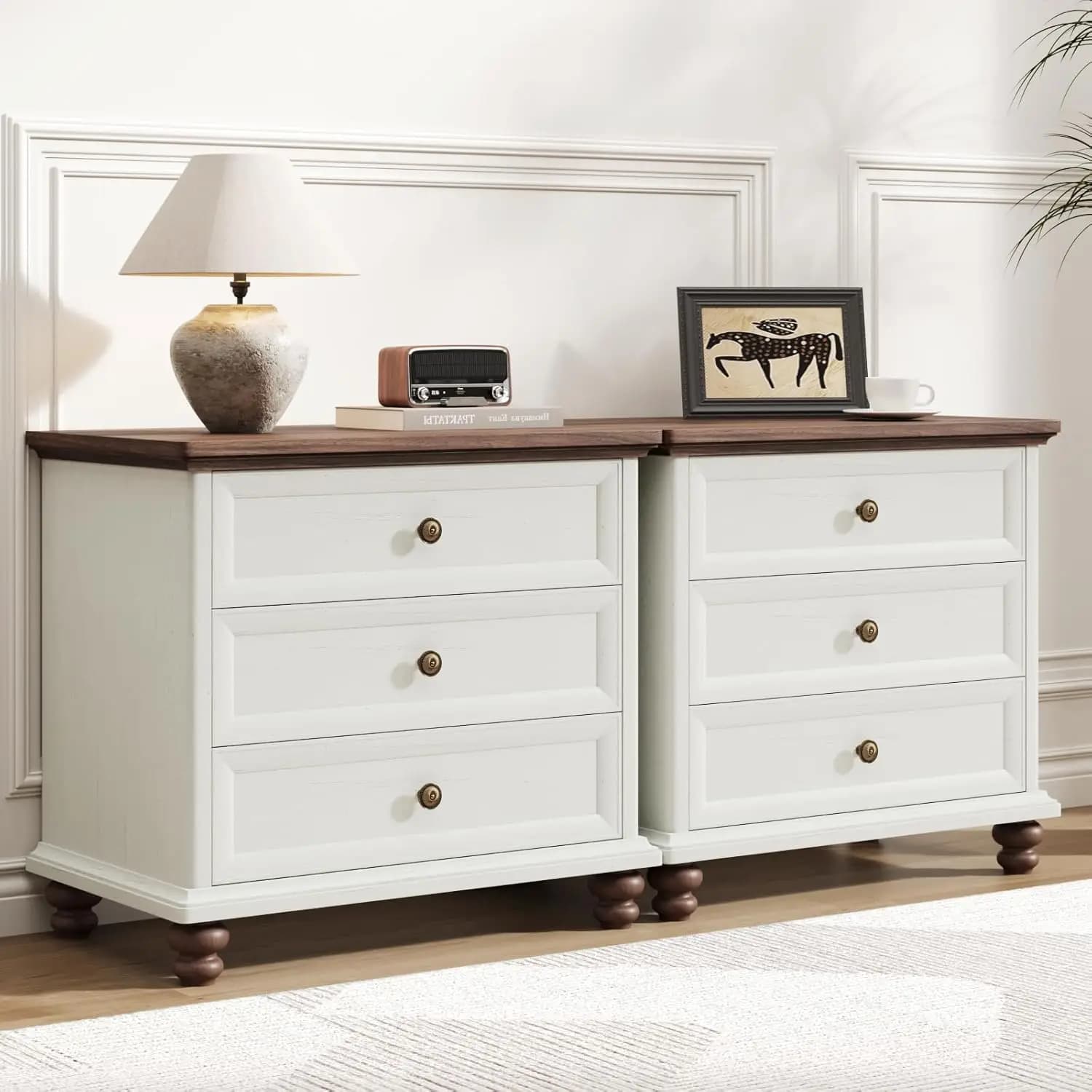 Set di 3 Comodini Rustici in Legno con Cassetti, Larghezza 24 Pollici, 4 Gambe Solide, Tavolino da Camera Personalizzabile