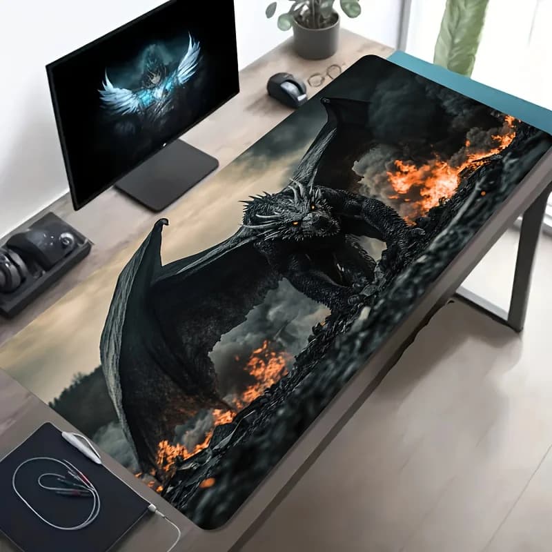 Tappetino per Mouse da Gaming Extra Large Black Dragon Fire, Antiscivolo in Gomma, per Giocatori e Ufficio