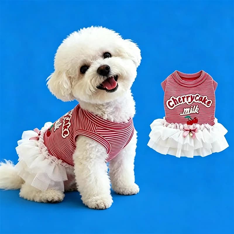 Striped Cherry Pet Dress Spring Summer Small Dogs Cats Puppy Sleeveless Skirt Thin Breathable Sweet Couple Daily Outfit