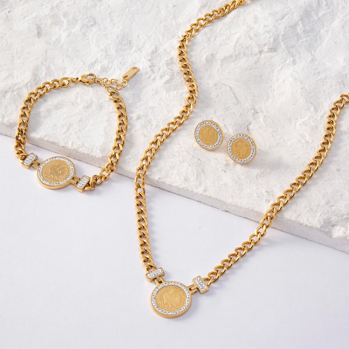 Luizada 2023 Feb Fashion New Design Jewellery Set Stainless Steel Jewelry Necklace With Gallo Women's Coin Bracelet With Earrings Party Gift