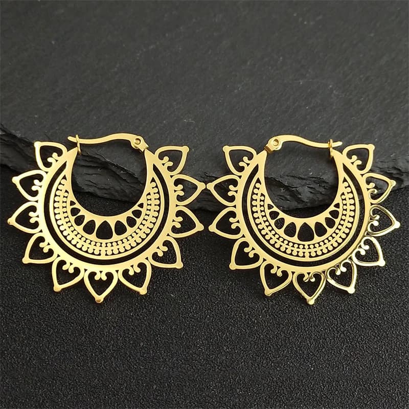 India Gypsy Tribal Ethnic Mandala Stainless Steel Earrings Women Gold Color Lotus Flower Hoop Earring Indian Jewelry Aretes