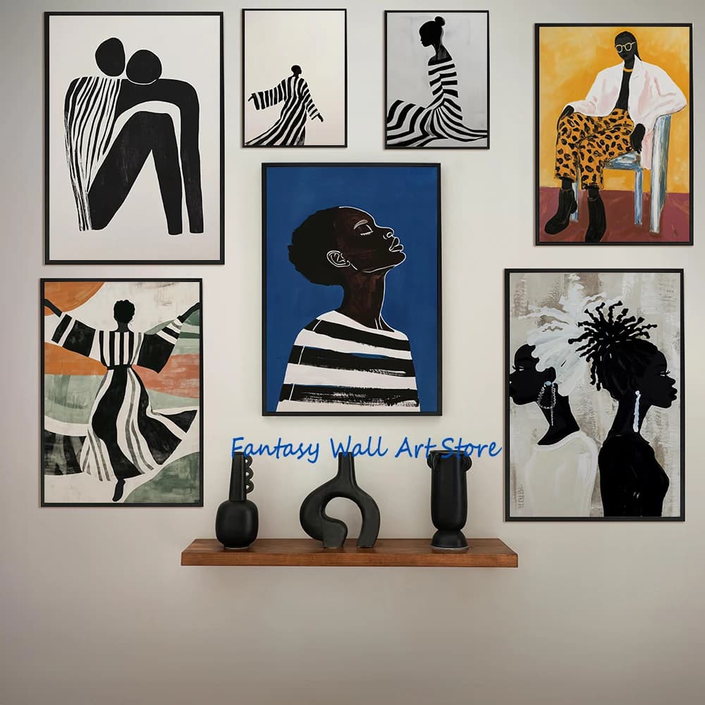 Minimalist Black Bold Striped Fashion Wall Art Mid Century Modern Dancing Woman Poster Canvas Painting Luxury Wall Picture Decor