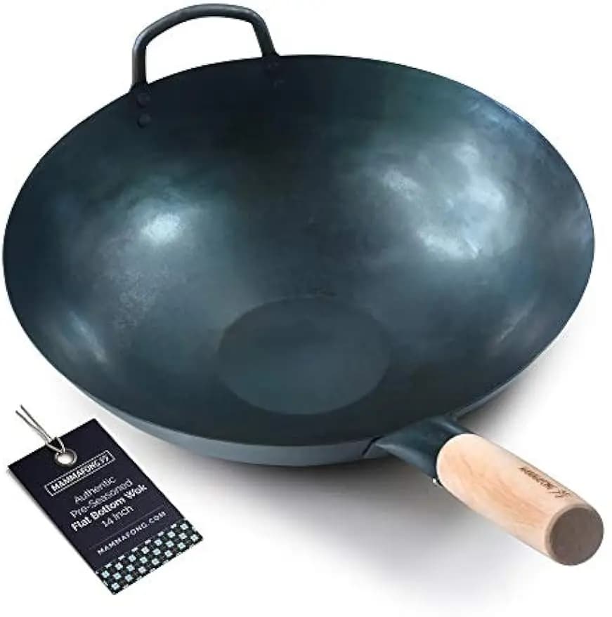14 Inch Pre-tempered Carbon Steel Flat Bottom Wok - Hand hammered pan for gas and electrical stoves