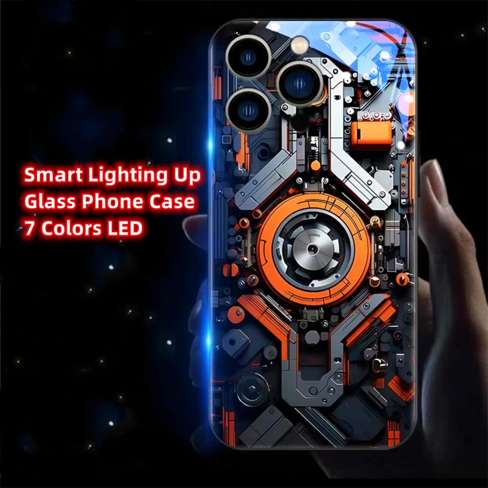 Cool Mechanical Slide Design Smart LED Light Glow Tempered Glass Phone Case For iPhone Air 17 16 15 14 13 12 11 Pro Max Plus