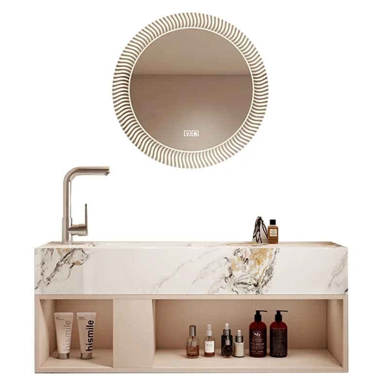Mobile Bagno Moderno con Lavabo, Armadietto Compatto per Bagno con Specchio Rotondo Intelligente e Lavabo in Ceramica Effetto Roccia, Arredamento Bagno