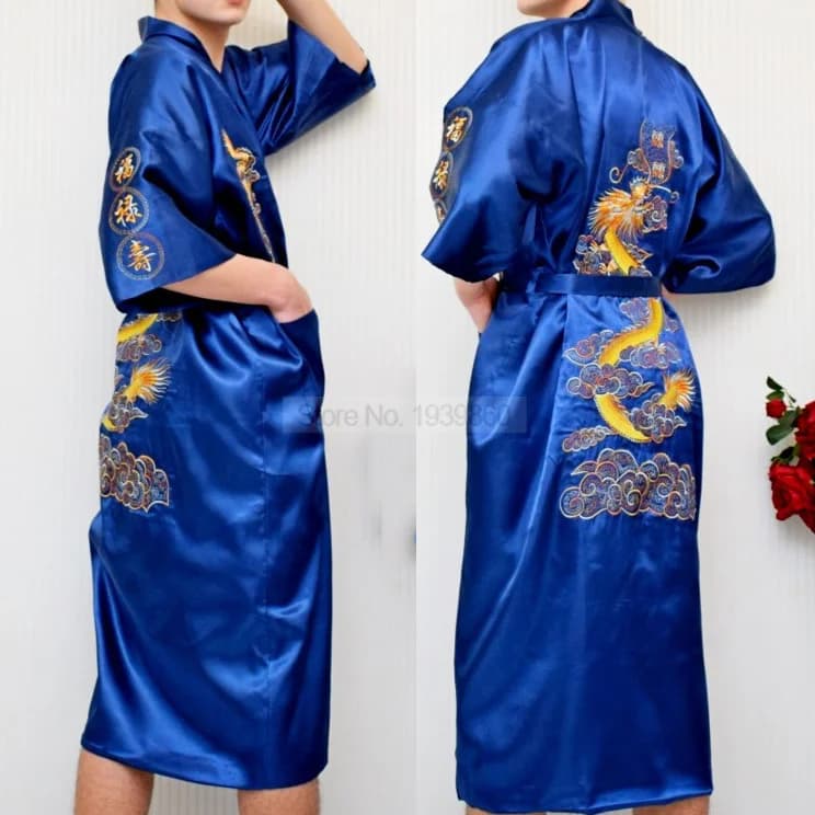 Men's Dress in Chinese Silk Satin Traditional Embroidery Kimono Dragon Yukata Swimwear Summer Bathrobes loose Night Shirt Sexy