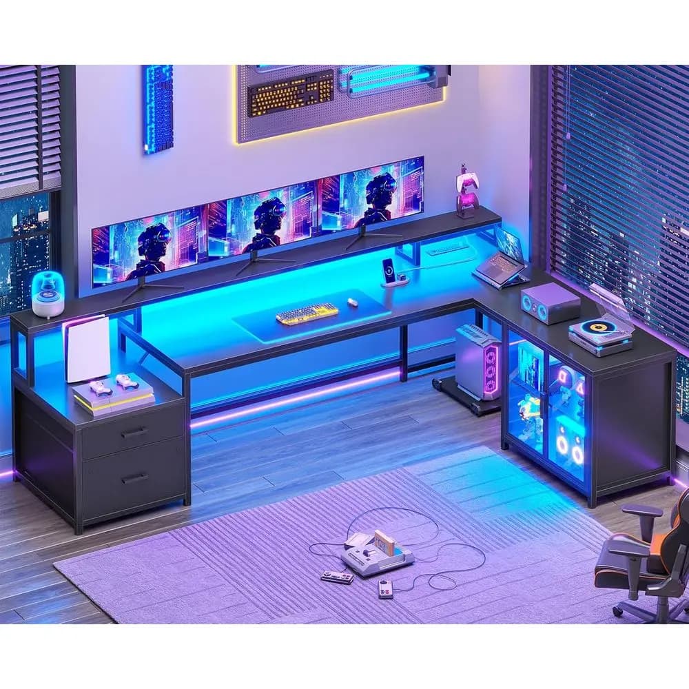 Scrivania da Gaming a L da 78,7 cm con Cassetti, Presa di Corrente, Luce LED, Ripiani Portaoggetti e Vetrina per Ufficio Domestico o Gaming