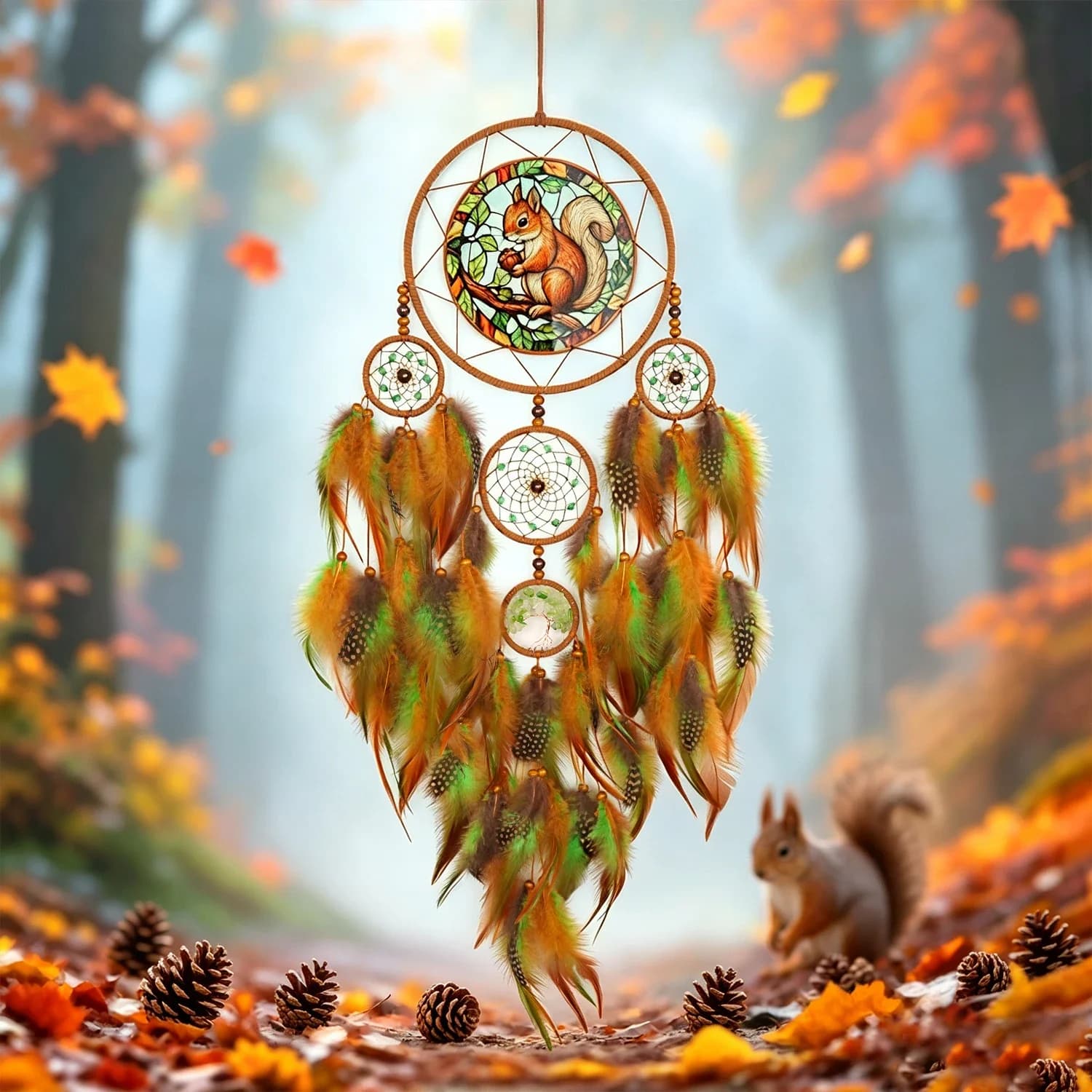 Autumn Squirrel Dream Catcher Handmade Feather Wall Hanging Boho Animal Pattern Ornament for Home Bedroom Decor Gift