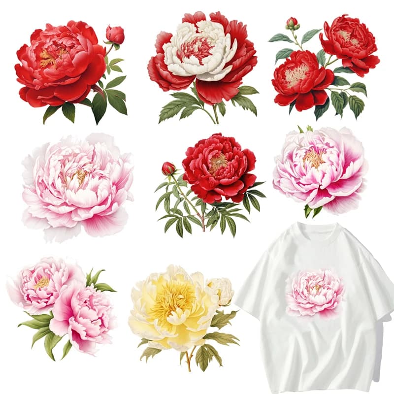 Peonie rosse e fiori rosa DTF Thermo Sticker decalcomanie trasferimento di calore sui vestiti ferro sulla toppa per felpe stampa