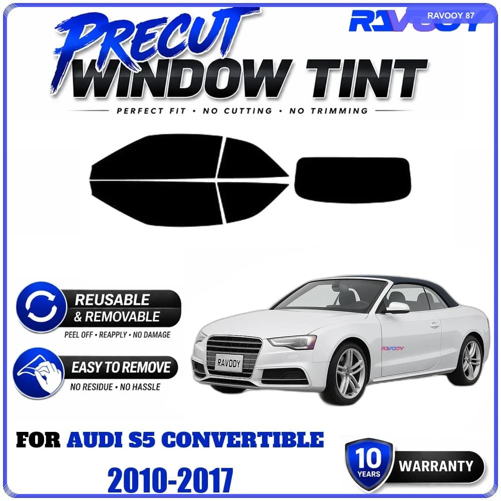 RAVOOY Precut Window Tint, Reusable Removable EPU Film, Custom Fit for Audi S5 Convertible 2010-2017, UV Heat Protection