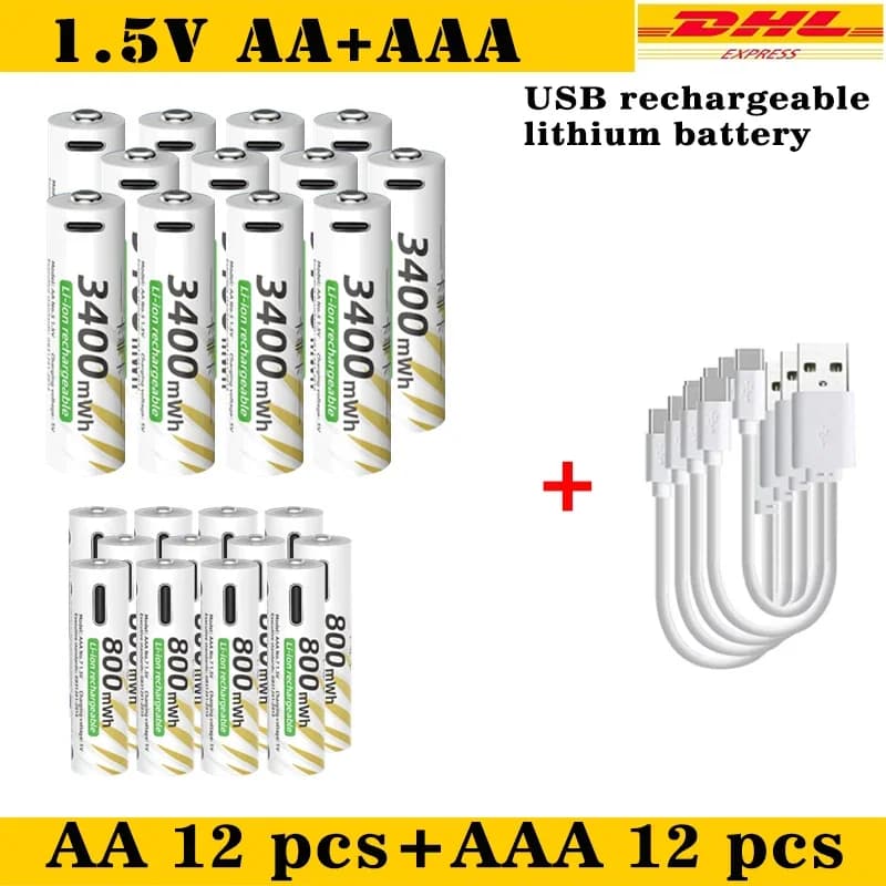 Set di batterie al litio ricaricabili 1.5V AA 3400mWh + AAA 800mWh con cavo USB-C a ricarica rapida di tipo C, trasporto aereo