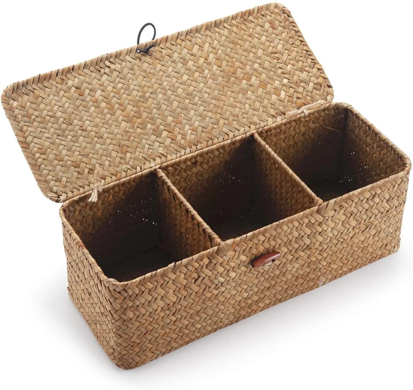 Cesto portaoggetti in erba marina naturale con coperchio, organizer intrecciato a 3 scomparti per snack, giocattoli, assorbenti