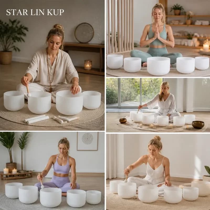 STAR LIN KUP 7Pcs Frosted Quartz Crystal Singing Bowls Set 6-12 Inch Flower of Life Pattern Chakra Sound Healing Meditation