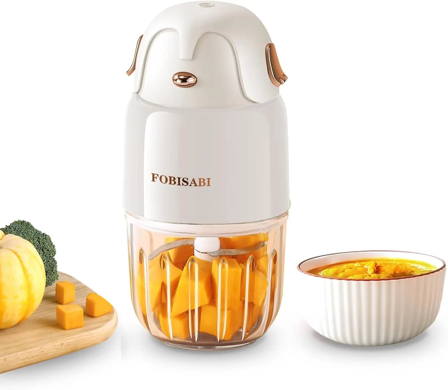 Cooking robots and blender for preparing fresh meals, fruit, vegetables, meat puree - White