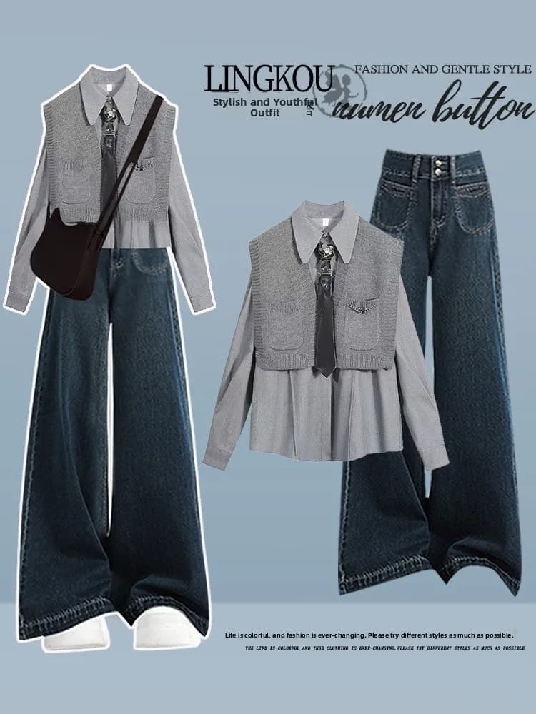 Set Primaverile in Stile Coreano per Donna: Camicia, Gilet Lavorato a Maglia e Jeans a Vita Alta Modellanti, Completo Alla Moda in Tre Pezzi