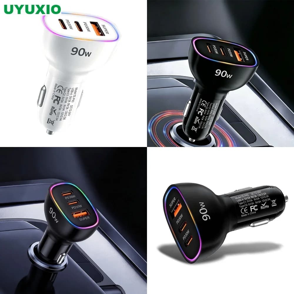 90W Car Charger Multi Port Fast Charging Dual PD 30W Type C USB A 30W Adapter for MacBook Laptop Phone PPS QC3.0 SCP RGB LED