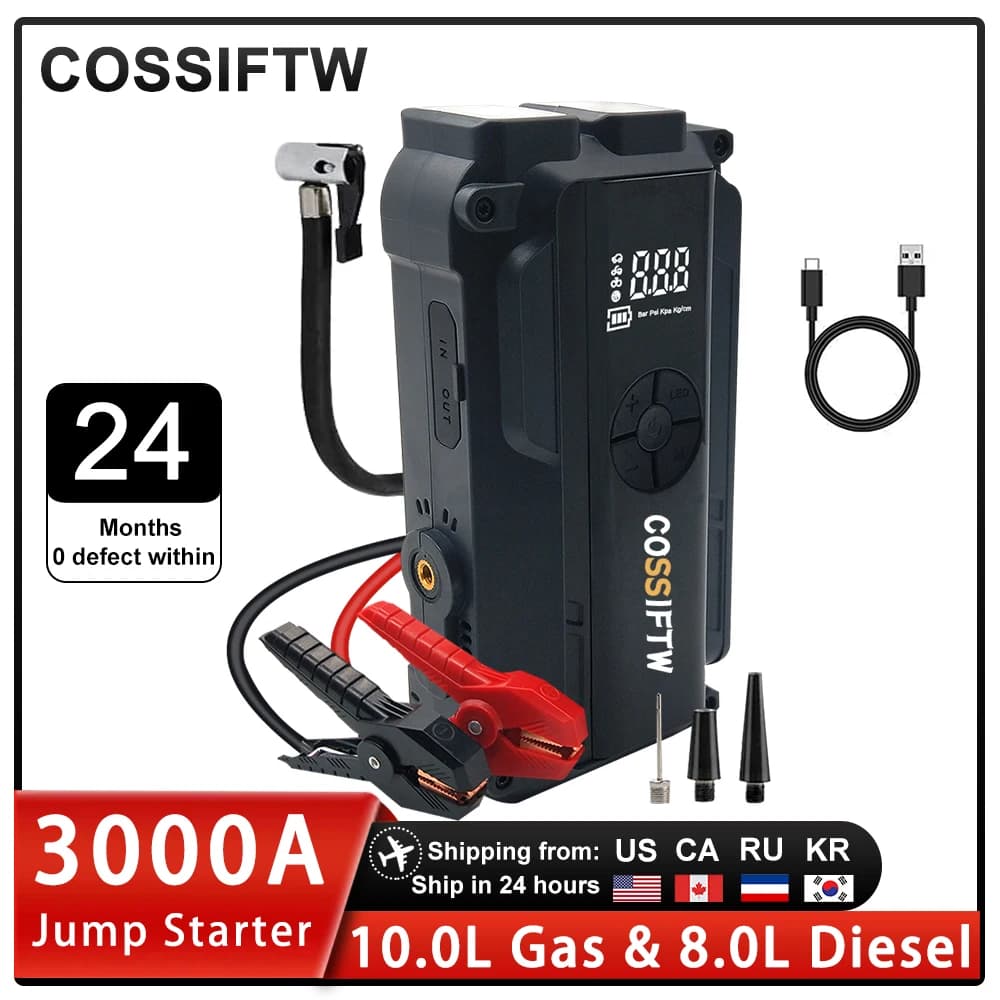 COSSIFTW Avviatore di Emergenza Portatile 4 in 1 3000A con Compressore d'Aria 150PSI, Pompa per Pneumatici, Power Bank 16800mAh e Dispositivo di Avviamento Auto