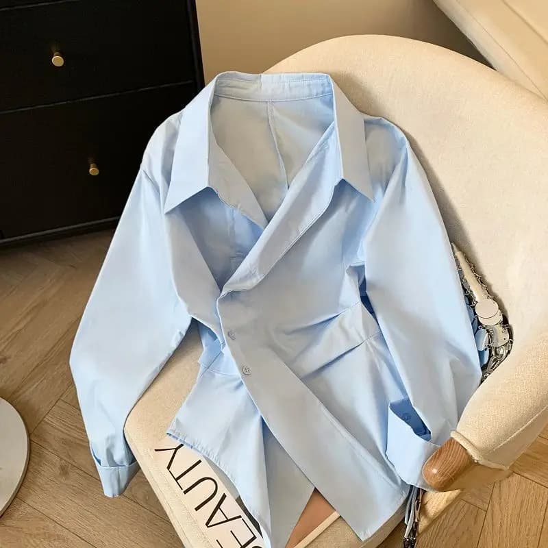 Polo a maniche lunghe da donna dal design irregolare, tunica bianca elegante, top basic, camicetta alla moda per il lavoro