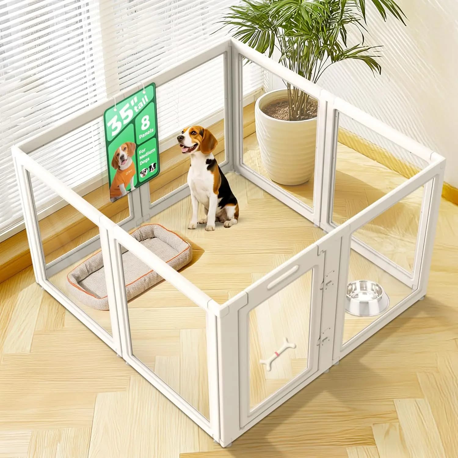 Recinto per Cani da Interno in Acrilico AuraSpace per Cani di Taglia Media, 35 Pollici, 8 Pannelli, Bianco, Personalizzabile