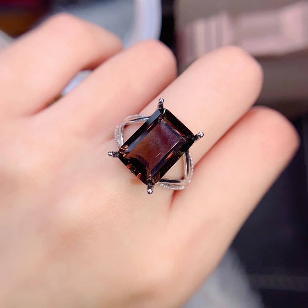 Luxury Smokey Quartz Ring Emerald Cut 10x14mm Sterling Silver Engagement Women Man's Ring