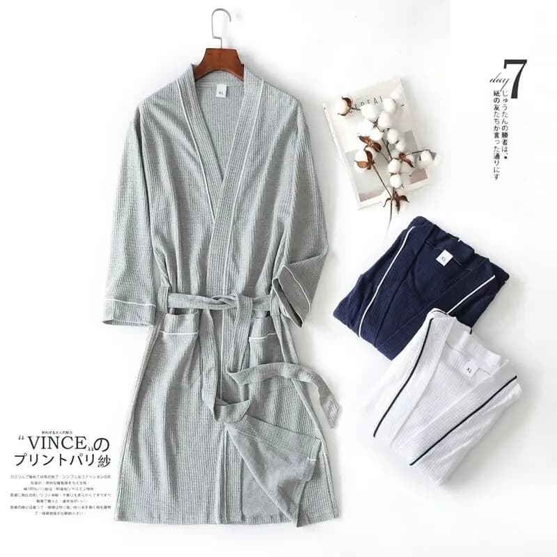 White Grey Waffle Men's Waffle Men's Cotton Waffle For Spring Autumn 100% Cotton Long Style Women's Kimono Robe