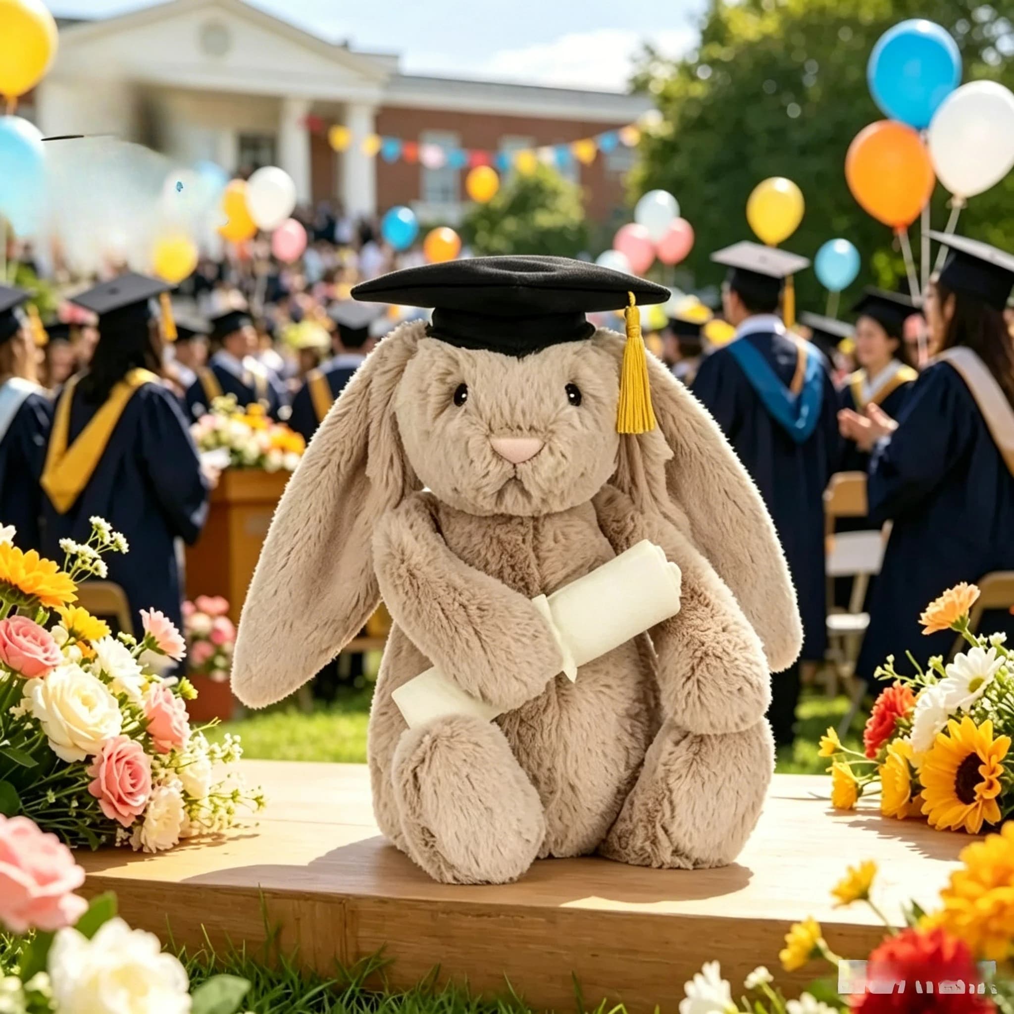 Original Graduation Gift Shy Bonnie Rabbit Holding A Birthday Cake Plush Doll Accompanying Bathrobe Bear,Cotton candy keychain