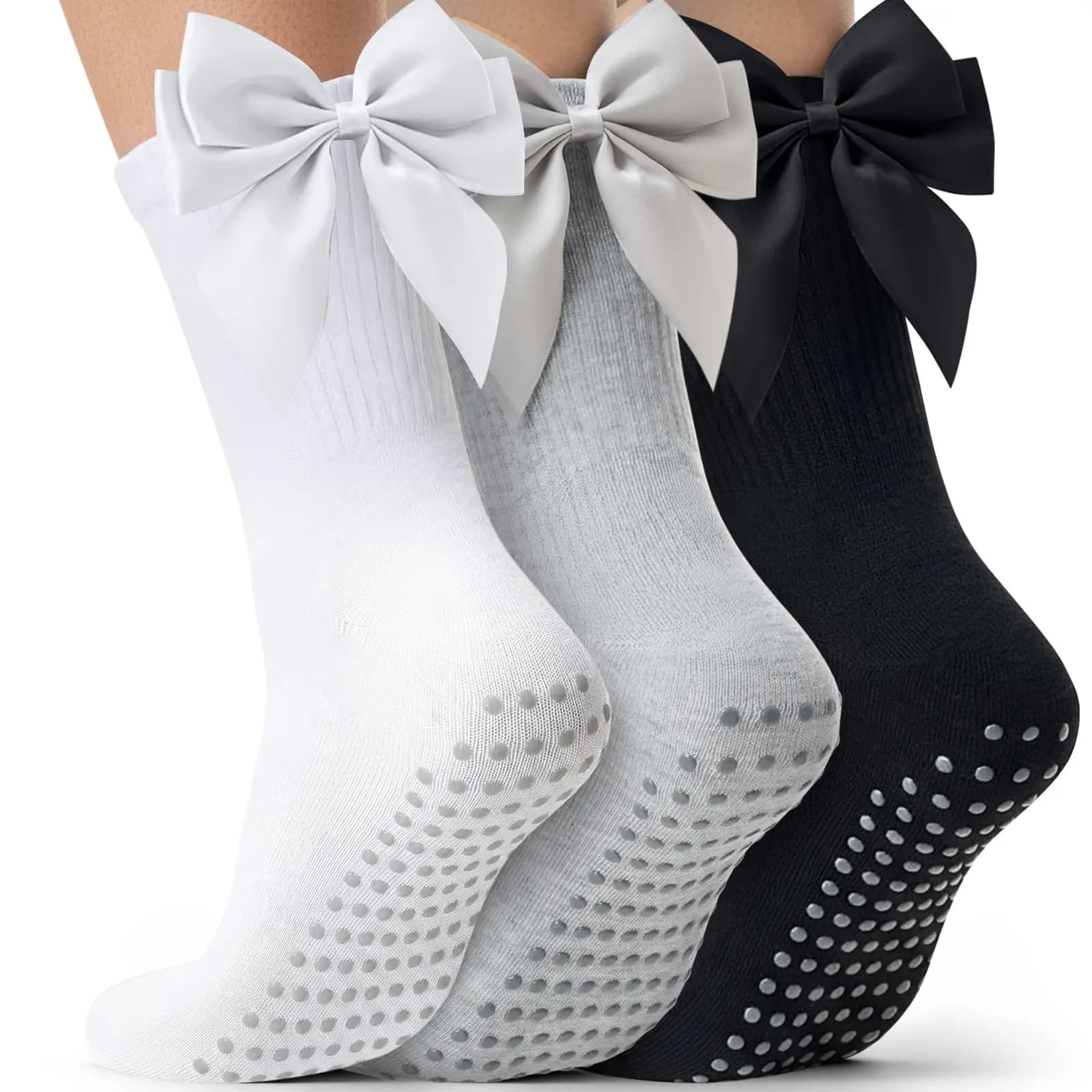 3 Pairs of Women's Non-Slip Pilates Socks, Yoga Mid-Calf Socks, Ribbon Bow Grip Socks, Ballet Sports Gift