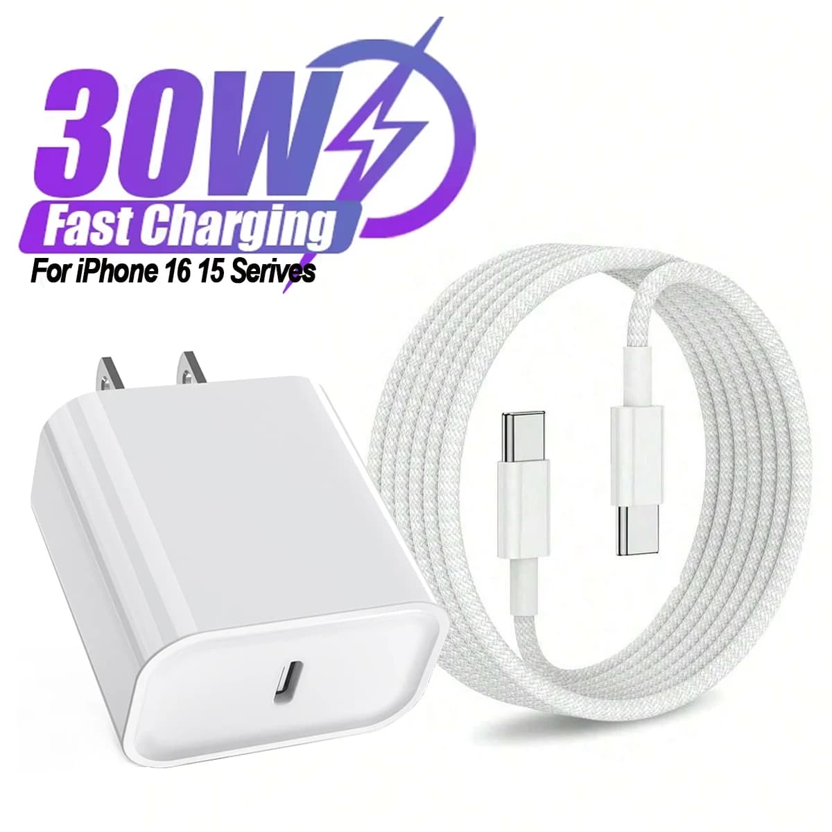 Set caricabatterie rapido da 30 W Porta USB C Cavo dati intrecciato tipo C da 3,3 piedi per iPhone 16 15 Pro Max Plus iPad Samsung Xiaomi
