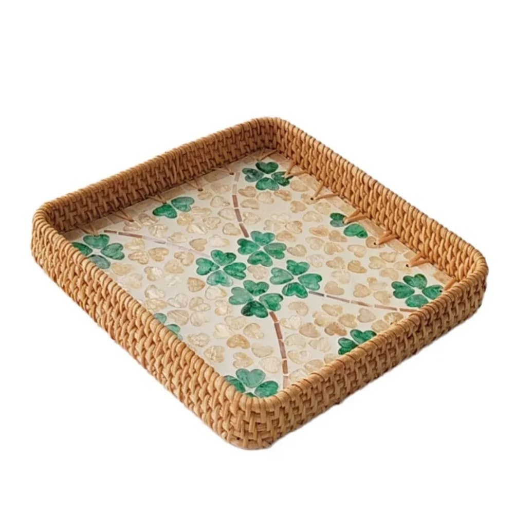 Cesto in Rattan Intrecciato a Mano con Conchiglie, Vassoio Decorativo Colorato in Rattan e Conchiglie, Piatto Artigianale per Frutta Secca