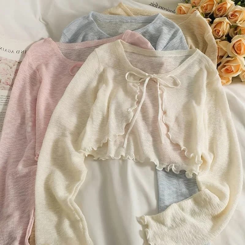 Thin Ice Silk Knitted Cover up Jacket Women's plus Size Summer Outerwear V-Neck Long Sleeve Short Style Fitted Body Korean Ve...