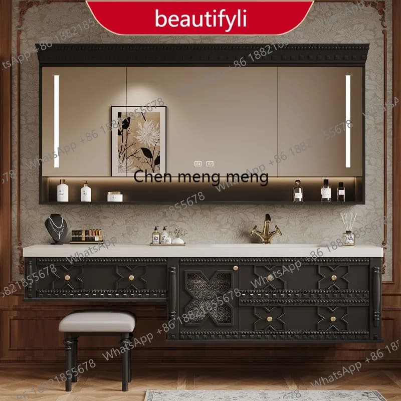 Mobile Bagno Lusso Nero M45 con Specchio e Lavabo Integrati, Salvaspazio, in Legno