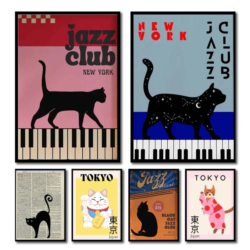 1 pezzo di gatto nero con pianoforte su tela poster gatto della fortuna semplice tela pittura arte della parete per camera da letto soggiorno ufficio domestico