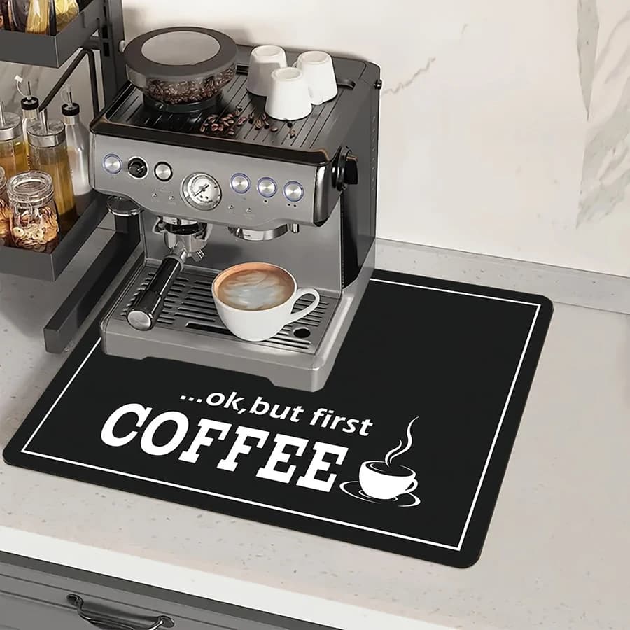 1 Piece Black Printed Coffee Machine Mat, Modern and Minimalized Water Absorption Drying Mat