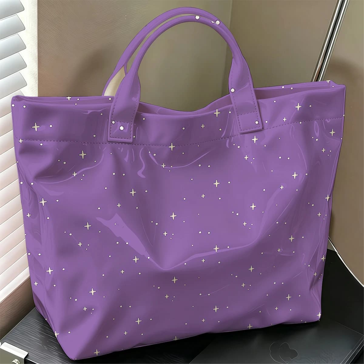 Lilac Star Doodle Hot Sale Large Glossy PVC Tote Bag Hand Washable Waterproof Great for Travel Commute Makeup Storage Handbags